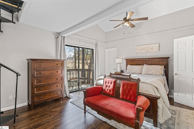 bedroom with vaulted ceiling with beams, ceiling fan, dark hardwood / wood-style floors, and access to exterior