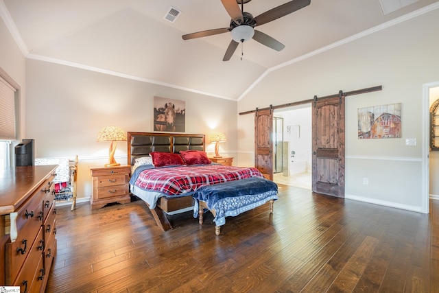 bedroom with a barn door, dark hardwood / wood-style floors, vaulted ceiling, and ceiling fan