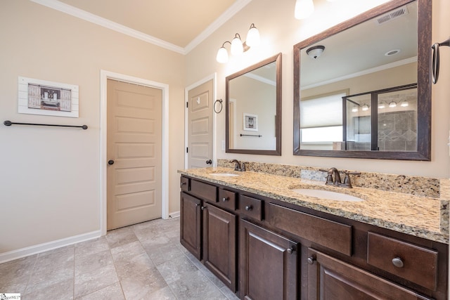 bathroom featuring vanity, an enclosed shower, and ornamental molding