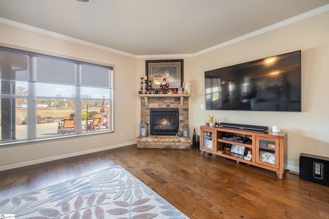 living room with a stone fireplace, crown molding, and hardwood / wood-style flooring