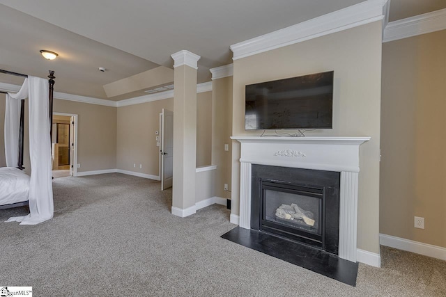 unfurnished living room featuring carpet flooring and crown molding