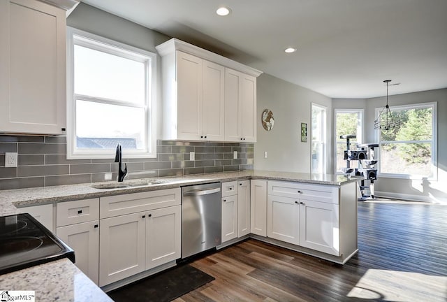 kitchen with sink, dark hardwood / wood-style flooring, stainless steel dishwasher, pendant lighting, and white cabinets