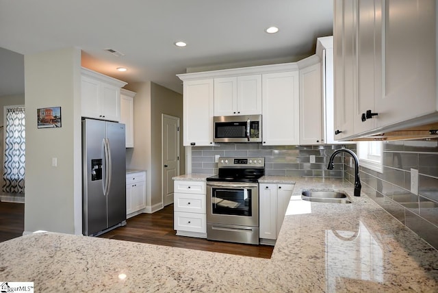 kitchen with backsplash, sink, appliances with stainless steel finishes, dark hardwood / wood-style flooring, and white cabinetry