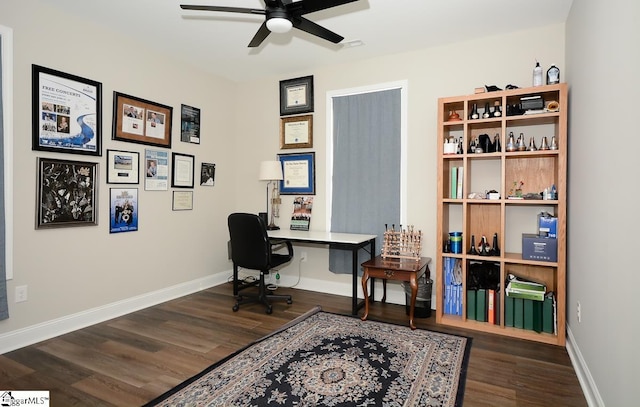 office area featuring ceiling fan and dark wood-type flooring