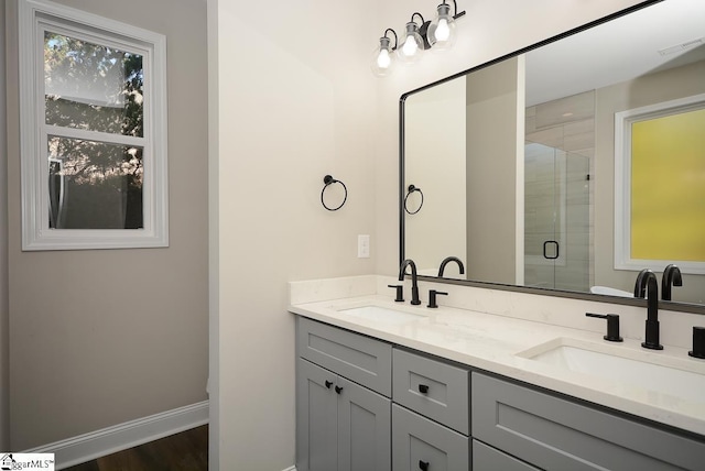 bathroom with hardwood / wood-style flooring, vanity, and a shower with shower door