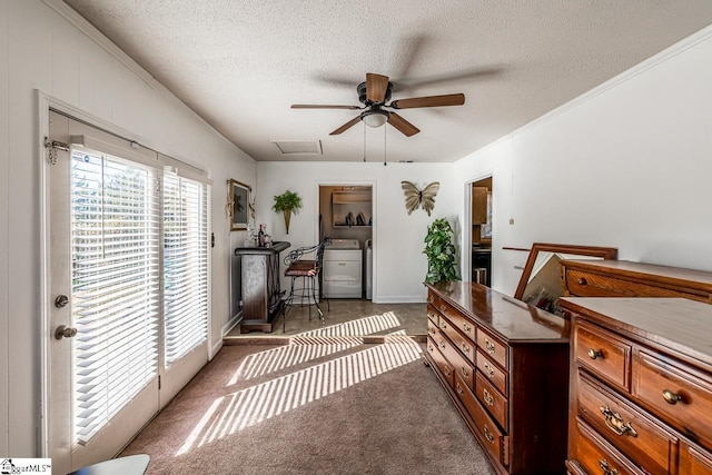 carpeted home office featuring ceiling fan, crown molding, and a textured ceiling