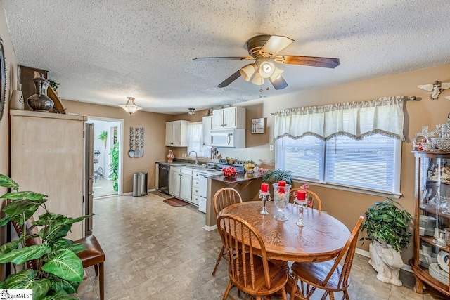 dining room featuring ceiling fan, sink, and a textured ceiling