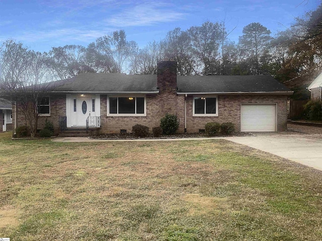 137 Batesview Dr, Greenville, SC 29607 - ranch-style home with a garage, a chimney, driveway, a front yard, and brick siding