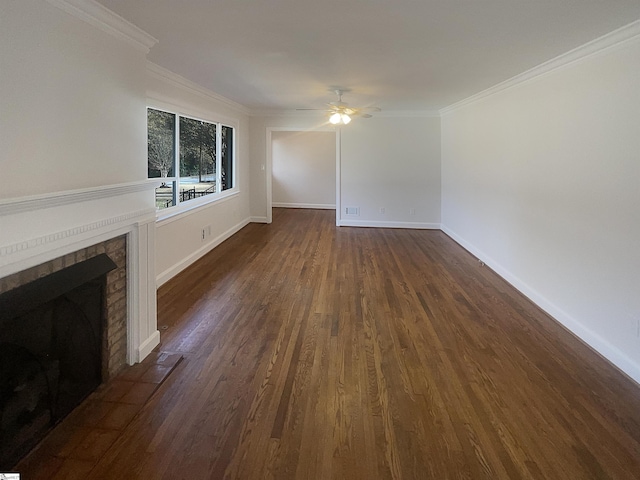 137 Batesview Dr, Greenville, SC 29607 - unfurnished living room with ceiling fan, dark wood-style flooring, ornamental molding, and a fireplace with flush hearth