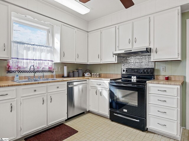 kitchen featuring crown molding, sink, electric range, dishwasher, and white cabinetry