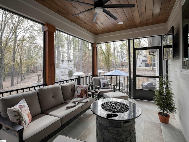 sunroom / solarium featuring plenty of natural light, ceiling fan, and wooden ceiling