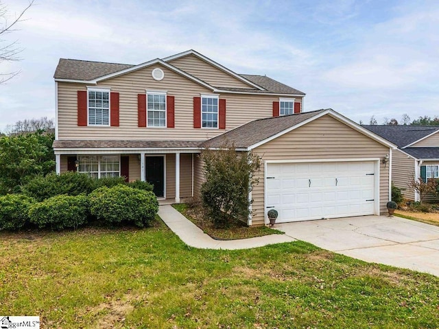 front of property with a garage and a front lawn