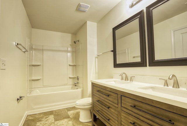 full bathroom with vanity, toilet, and bathing tub / shower combination