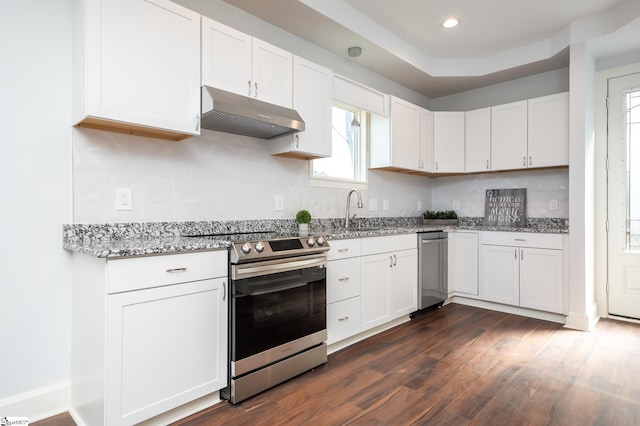 kitchen with white cabinetry, dark hardwood / wood-style flooring, stainless steel range with electric stovetop, and sink