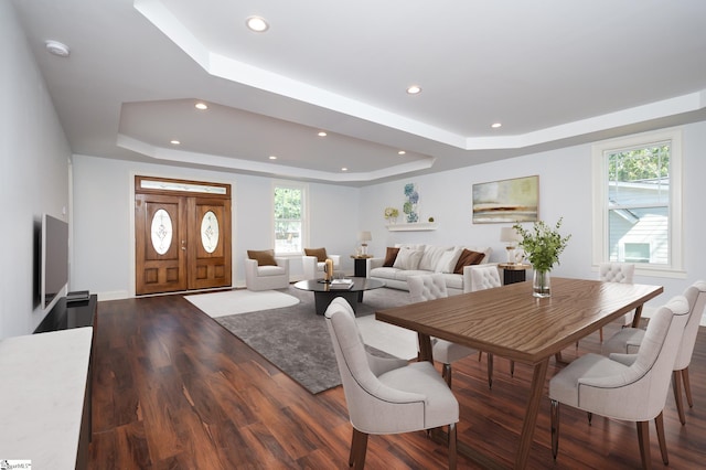 dining space with a healthy amount of sunlight, a tray ceiling, and dark wood-type flooring