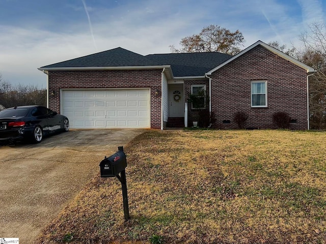 single story home featuring a front yard and a garage