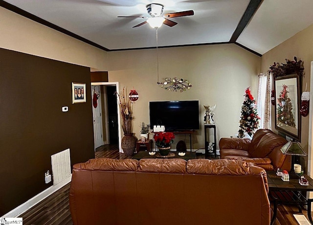 living room featuring ceiling fan, dark hardwood / wood-style flooring, and lofted ceiling