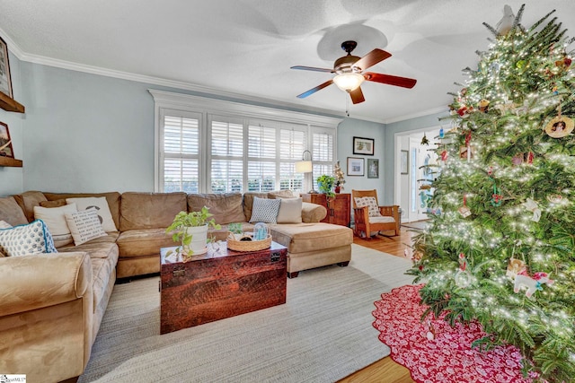 living room featuring ceiling fan, light wood-type flooring, and ornamental molding