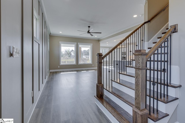 foyer with wood-type flooring, ceiling fan, and ornamental molding