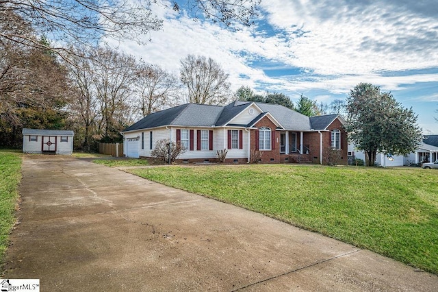 ranch-style house featuring a storage unit and a front yard