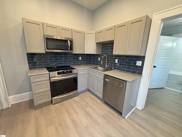 kitchen with gray cabinetry, sink, light hardwood / wood-style flooring, backsplash, and appliances with stainless steel finishes