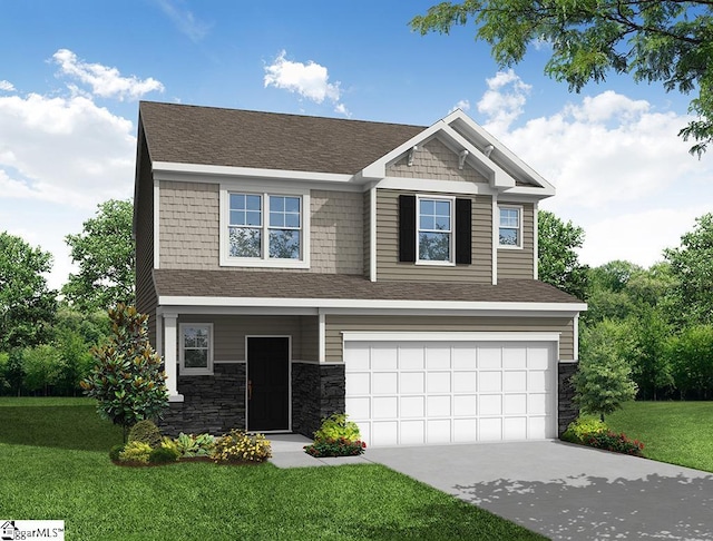 craftsman house featuring a garage and a front lawn