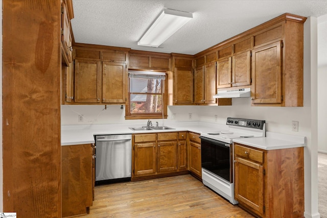 kitchen featuring light wood-style flooring, electric stove, a sink, under cabinet range hood, and stainless steel dishwasher