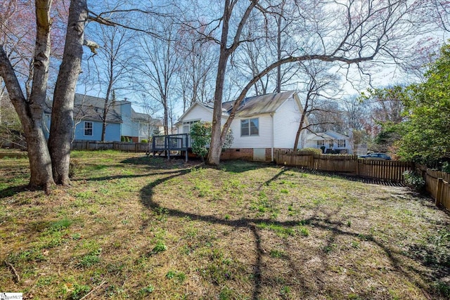 view of yard featuring a deck and a fenced backyard