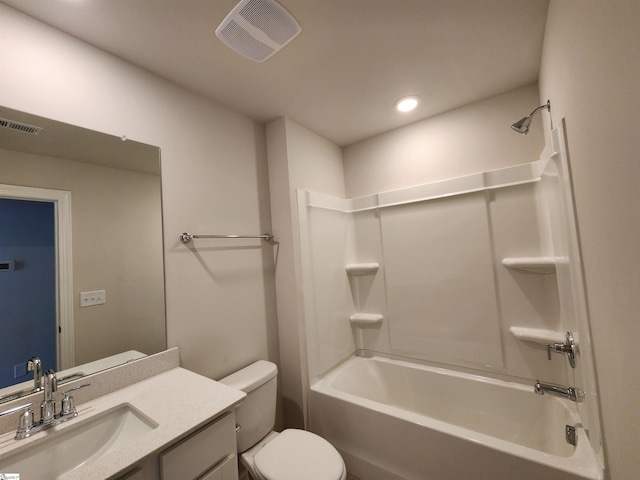 full bathroom with shower / bathing tub combination, vanity, and toilet