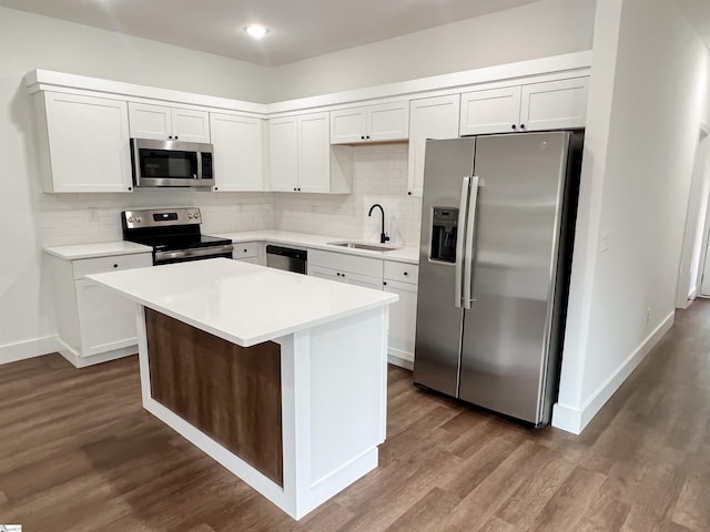 kitchen featuring white cabinetry, sink, tasteful backsplash, dark hardwood / wood-style floors, and appliances with stainless steel finishes