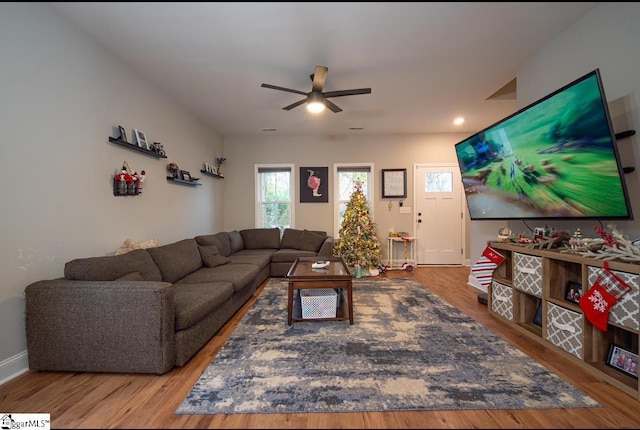 living room featuring hardwood / wood-style flooring and ceiling fan