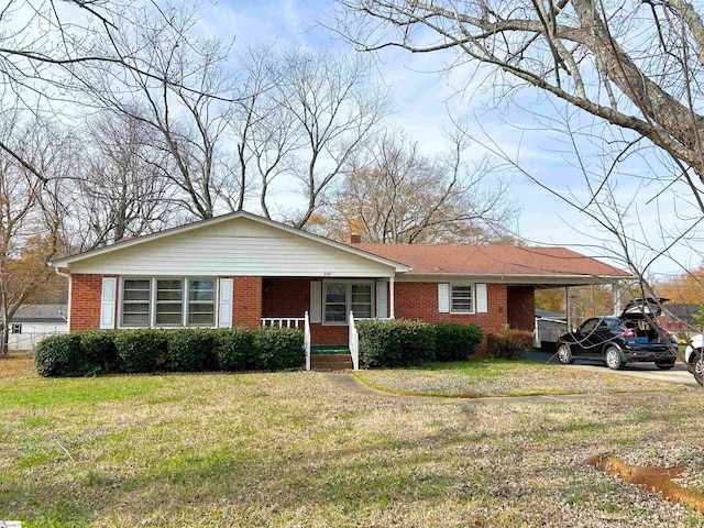 single story home with a front lawn and covered porch