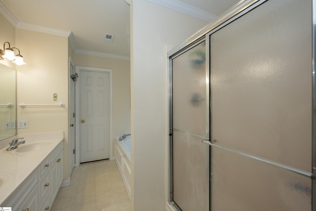 bathroom featuring tile patterned flooring, vanity, separate shower and tub, and ornamental molding