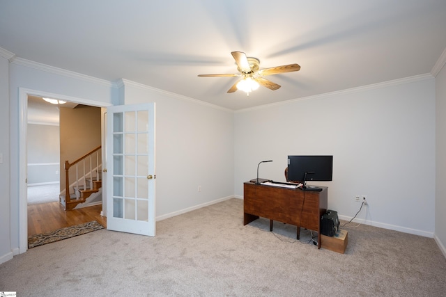 office space with light carpet, french doors, ceiling fan, and crown molding