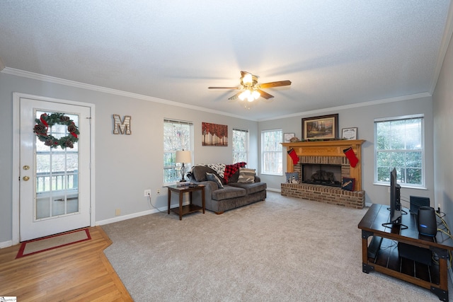 living room featuring ornamental molding, a textured ceiling, ceiling fan, wood-type flooring, and a fireplace