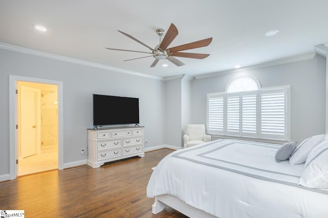 bedroom with dark hardwood / wood-style flooring, ensuite bathroom, ceiling fan, and ornamental molding