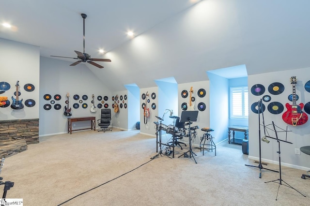 playroom with light colored carpet, ceiling fan, and lofted ceiling