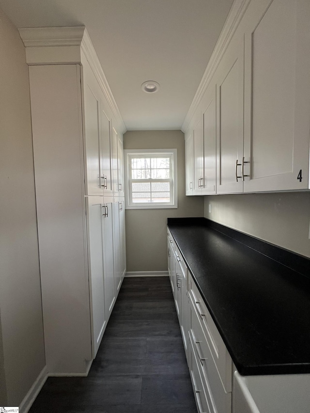 kitchen with white cabinetry and dark wood-type flooring