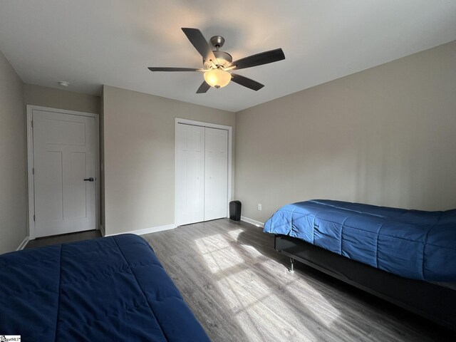 bedroom with hardwood / wood-style flooring, ceiling fan, and a closet