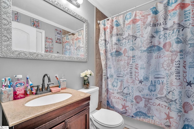 full bathroom featuring vanity, toilet, ornamental molding, and shower / tub combo