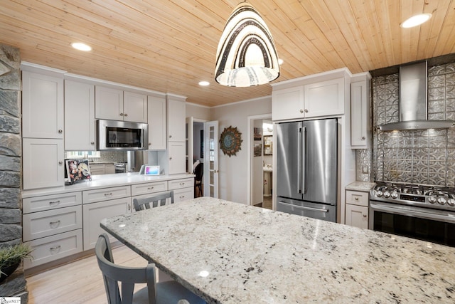 kitchen featuring wooden ceiling, stainless steel appliances, backsplash, wall chimney exhaust hood, and light stone counters