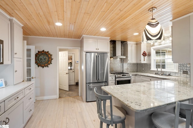 kitchen with wooden ceiling, stainless steel appliances, hanging light fixtures, wall chimney exhaust hood, and sink