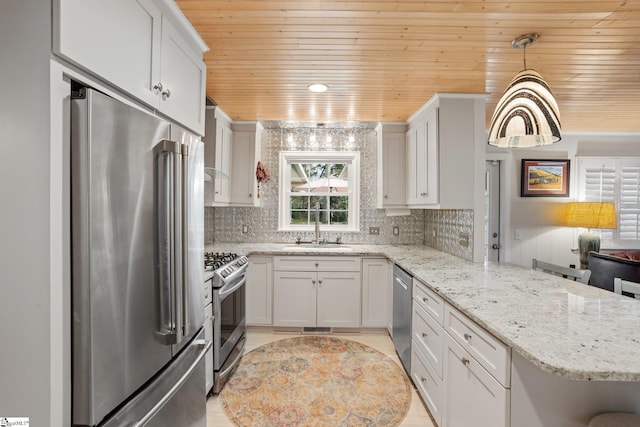 kitchen featuring sink, white cabinetry, hanging light fixtures, stainless steel appliances, and wooden ceiling