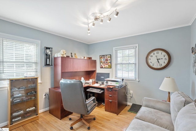 office space featuring ornamental molding and light hardwood / wood-style flooring