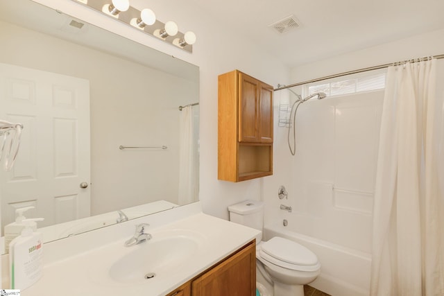 full bathroom featuring vanity, toilet, and shower / bathtub combination with curtain