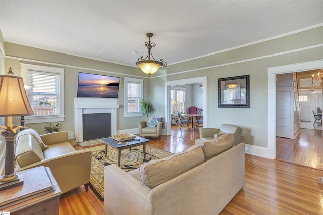 living room featuring a chandelier, light wood-type flooring, and crown molding