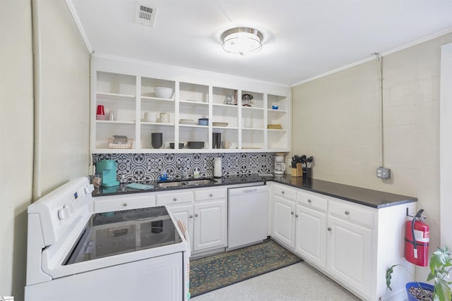 kitchen featuring white appliances, sink, crown molding, decorative backsplash, and white cabinetry