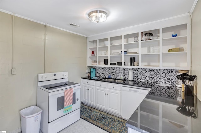 kitchen with white appliances, crown molding, sink, decorative backsplash, and white cabinetry