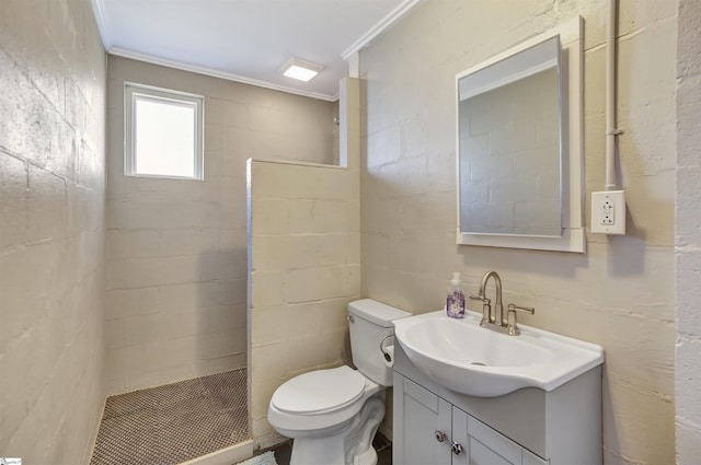 bathroom with walk in shower, crown molding, vanity, and toilet