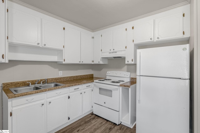 kitchen with dark hardwood / wood-style flooring, white appliances, white cabinetry, and sink